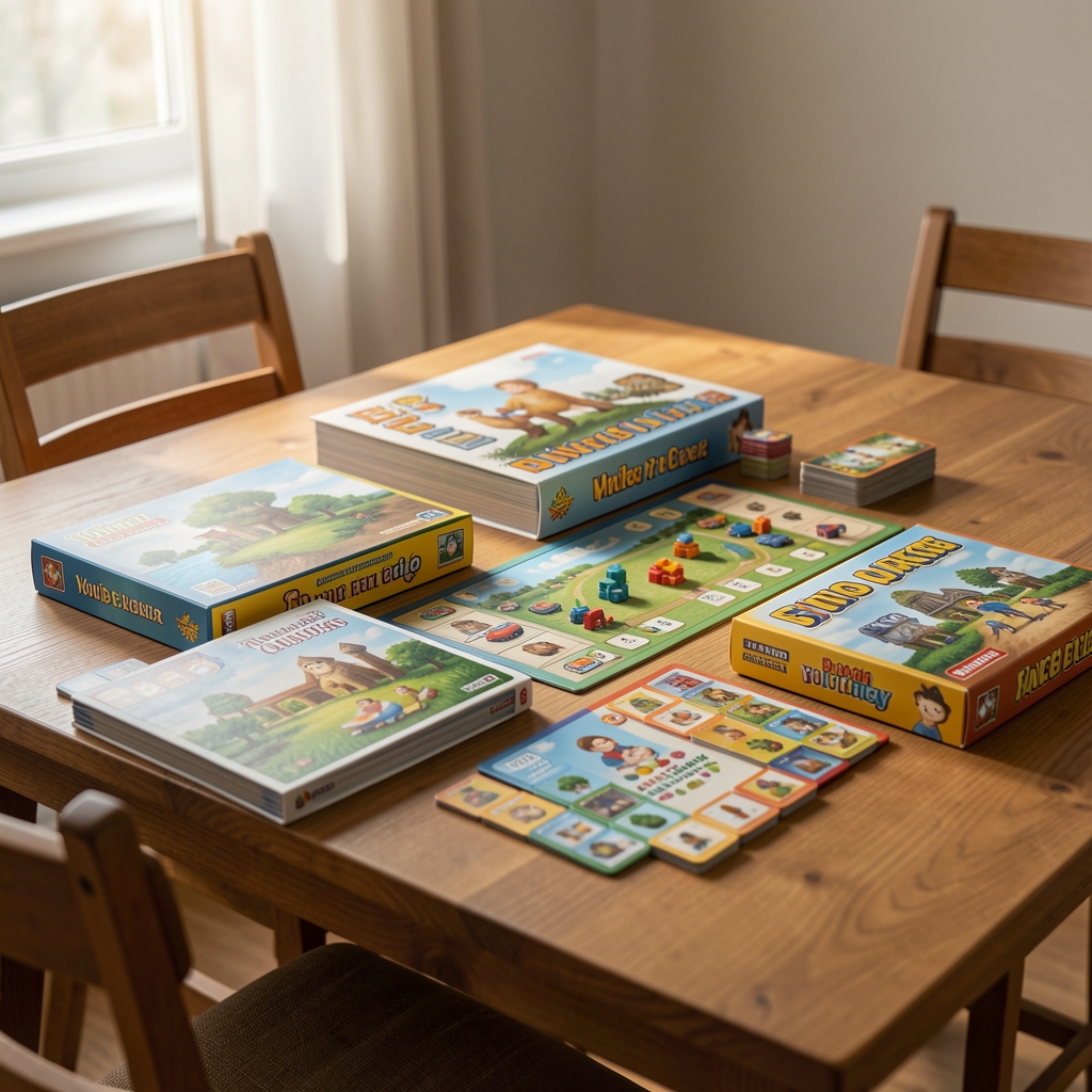 Selección de juegos de mesa familiares colocados en una mesa sin personas