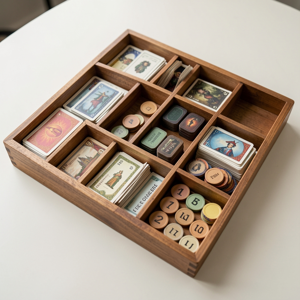 Bandejas de madera con cartas y fichas separadas por categoría sobre mesa clara