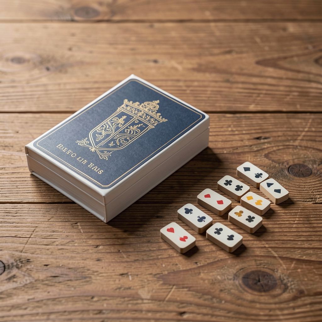 Juego de cartas compacto con caja resistente junto a fichas pequeñas sobre mesa de madera