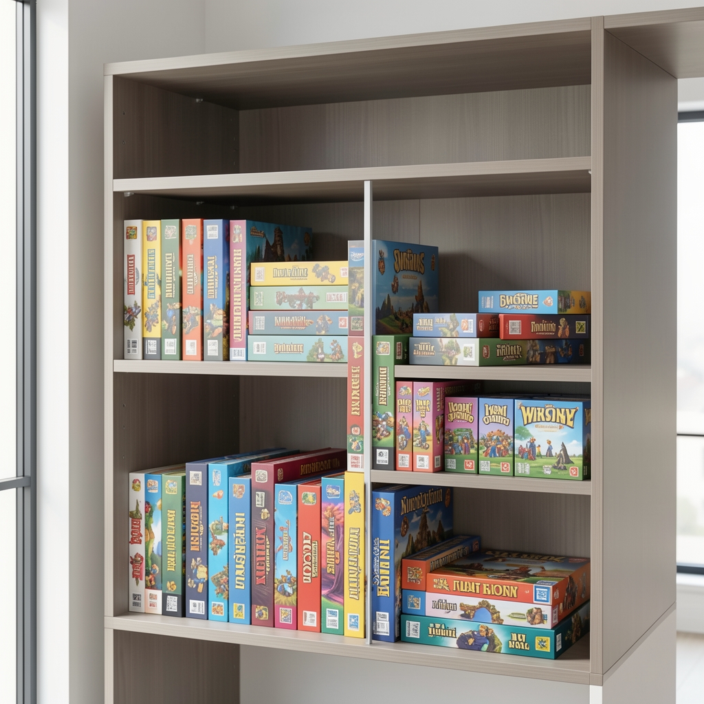 Cajas de juegos de mesa de distintos tamaños organizadas en una estantería sin personas