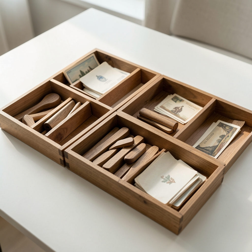 Piezas de madera y cartas separadas en bandejas sobre una mesa clara