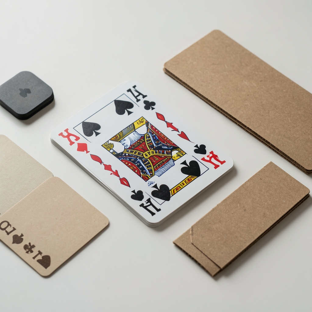 Mazo de cartas, contador de puntos y separadores de cartón sobre mesa clara