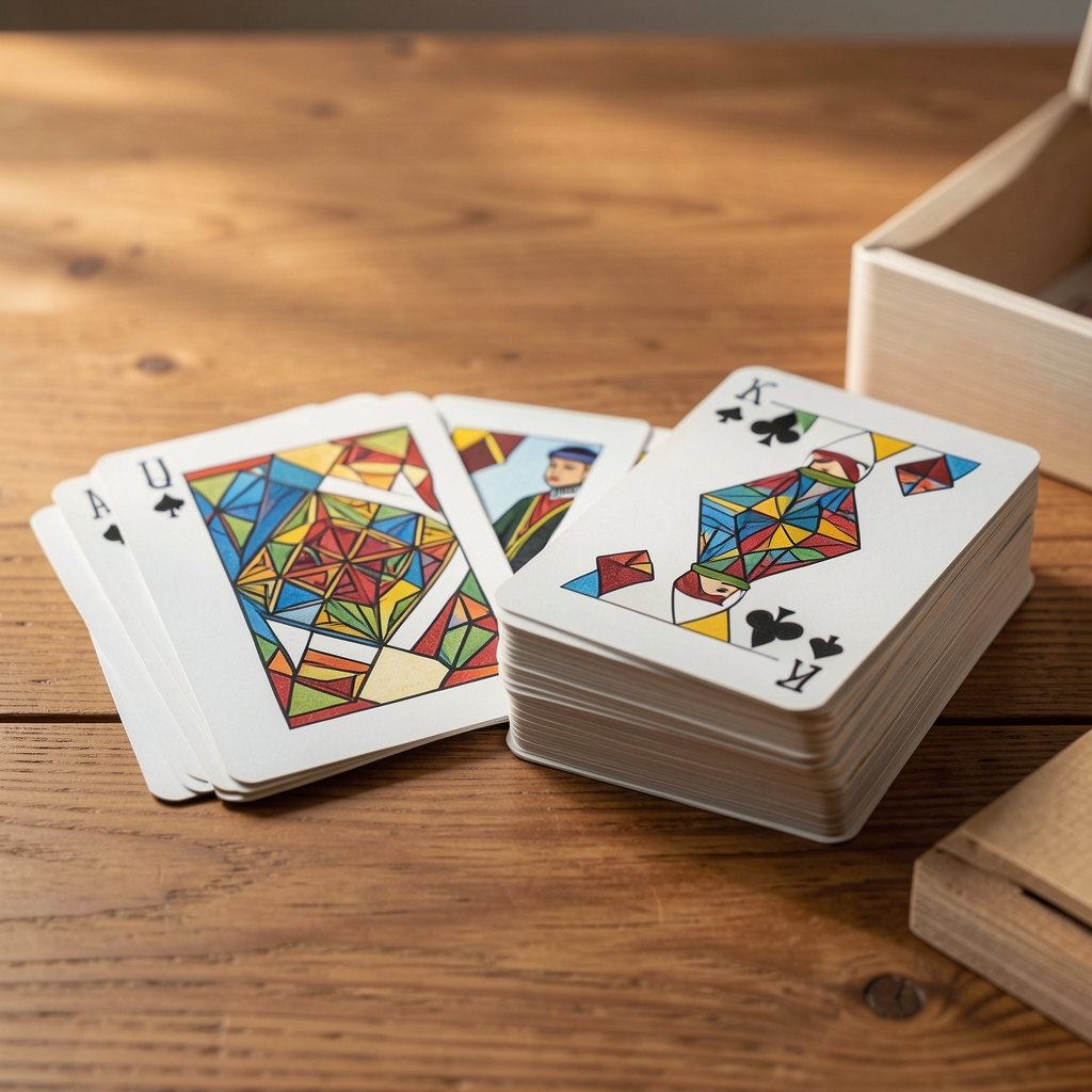 Cartas de juego con ilustraciones geométricas apiladas junto a una caja pequeña