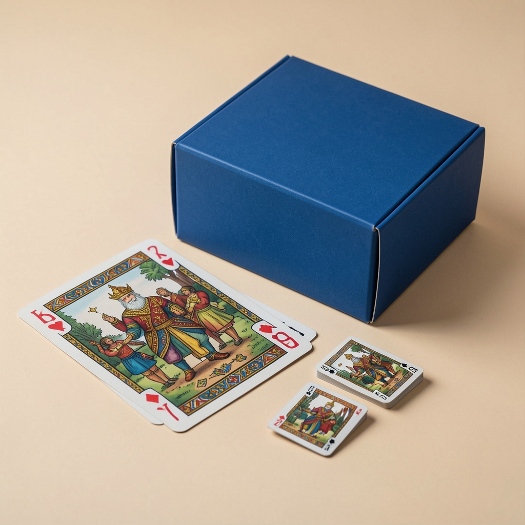Baraja ilustrada y fichas pequeñas junto a una caja azul sin personas
