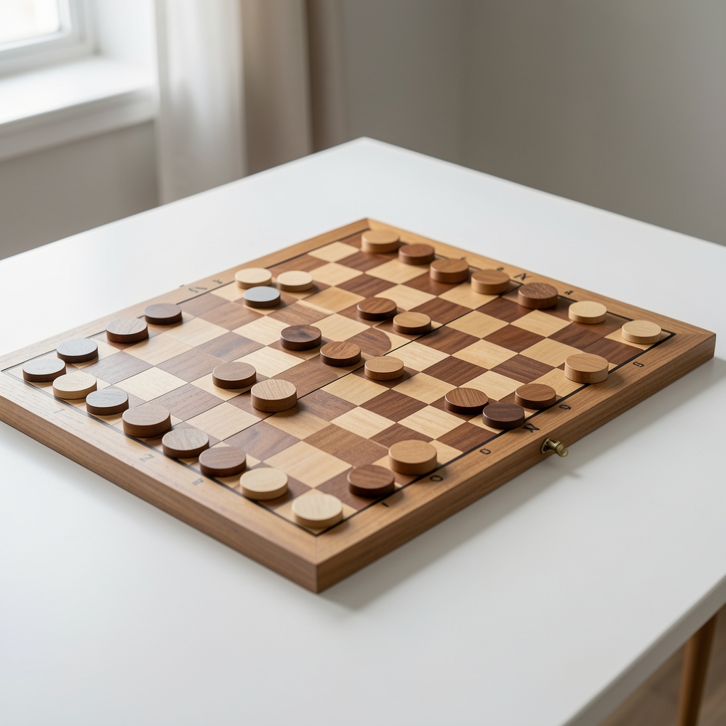 Juegos clásicos de mesa con tablero cuadriculado y fichas de madera ordenadas sobre mesa clara