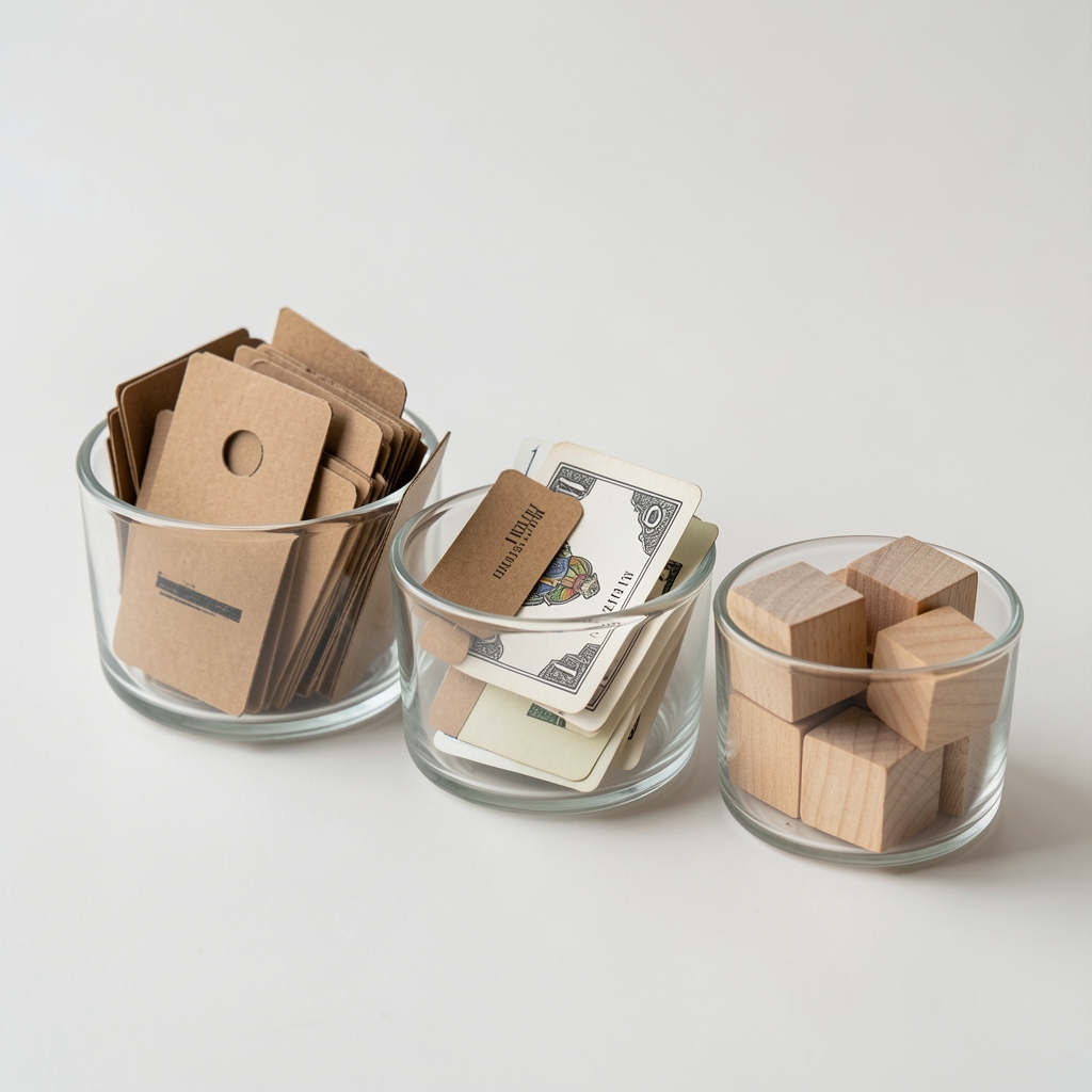 Fichas de cartón, cartas y cubos de madera separados en pequeños recipientes transparentes