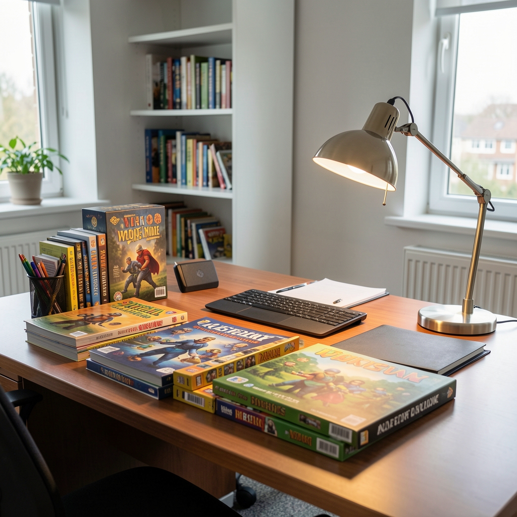 Escritorio de oficina ordenado con catálogos impresos de juegos de mesa y una lámpara de lectura