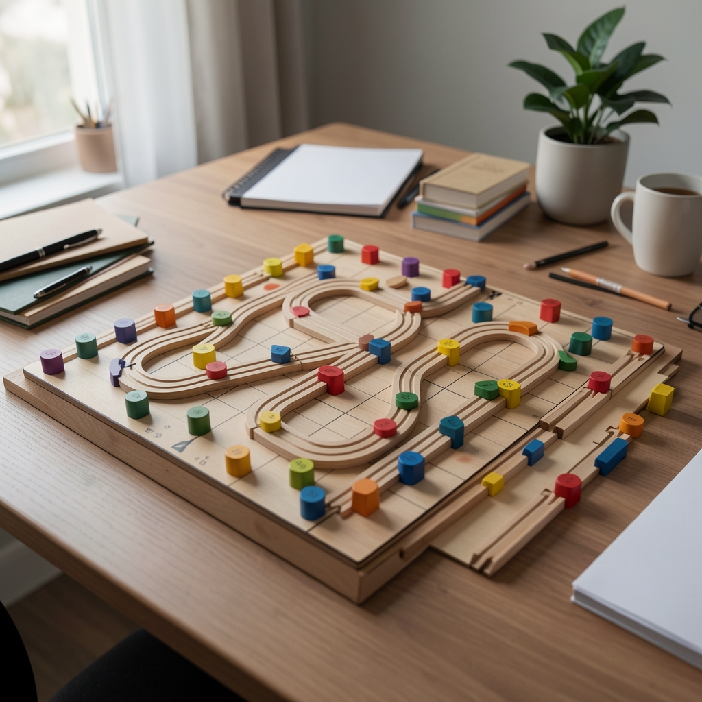 Tablero de estrategia con caminos de madera y marcadores de colores sobre mesa ordenada