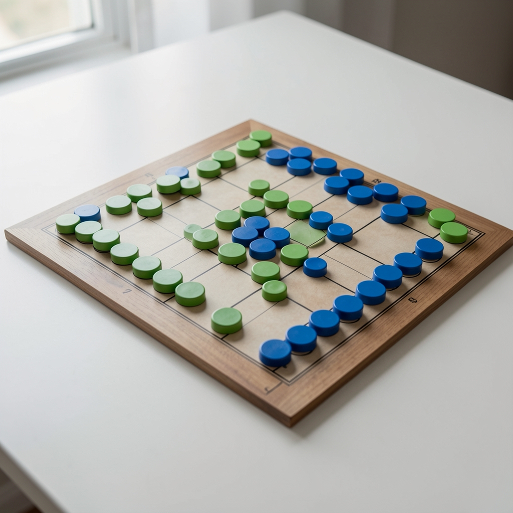 Tablero estratégico con fichas verdes y azules dispuesto sobre mesa clara