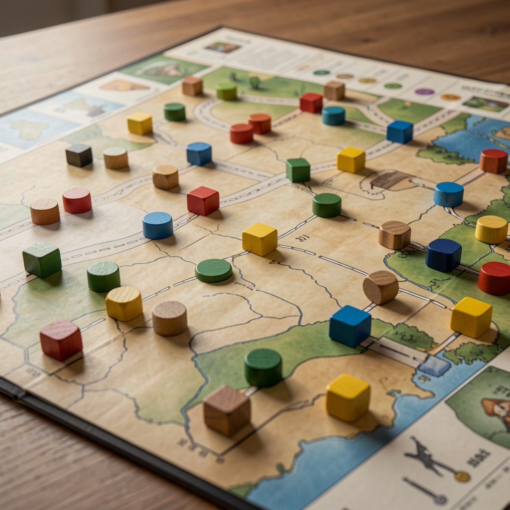 Tablero de juego de estrategia con caminos trazados y fichas de madera en distintos colores