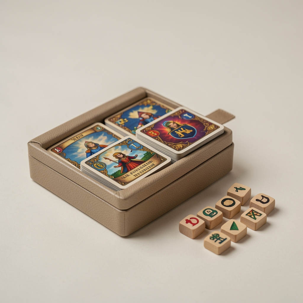 Estuche compacto de juego de cartas junto a fichas pequeñas listo para transportar