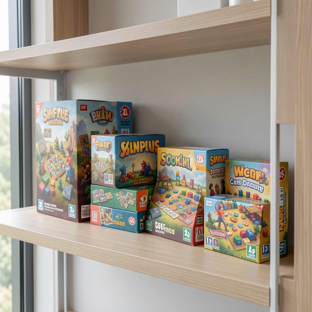 Varias cajas de juegos de mesa ordenadas por tamaño en una estantería sin personas