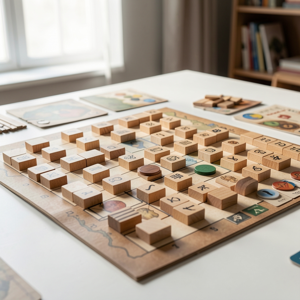 Juego de estrategia de tablero con fichas de madera ordenadas sobre una mesa clara sin personas