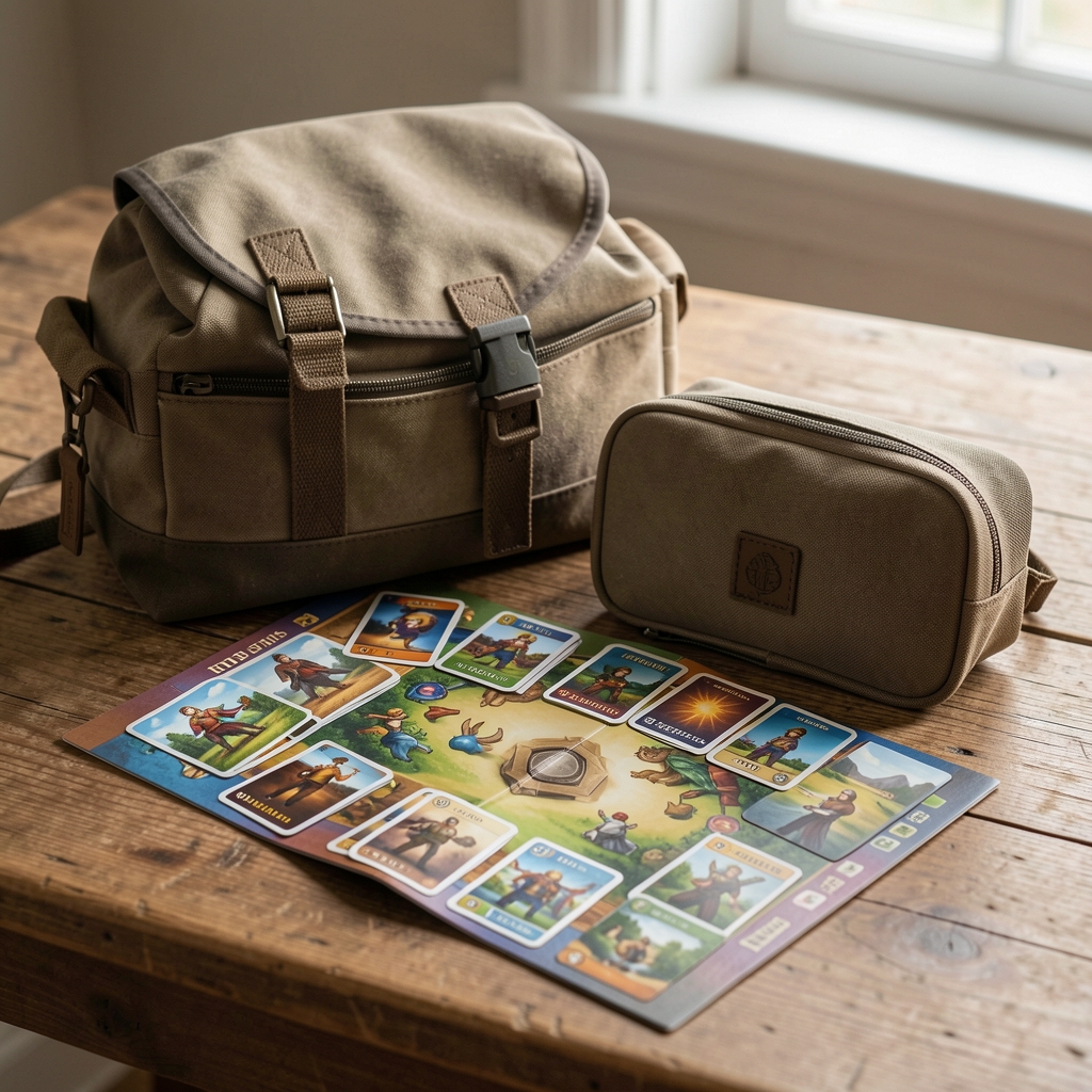 Juego compacto de cartas y tablero plegable junto a una mochila cerrada sobre mesa de madera