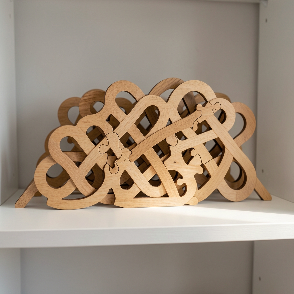 Colección de rompecabezas de madera con formas entrelazadas sobre estante claro