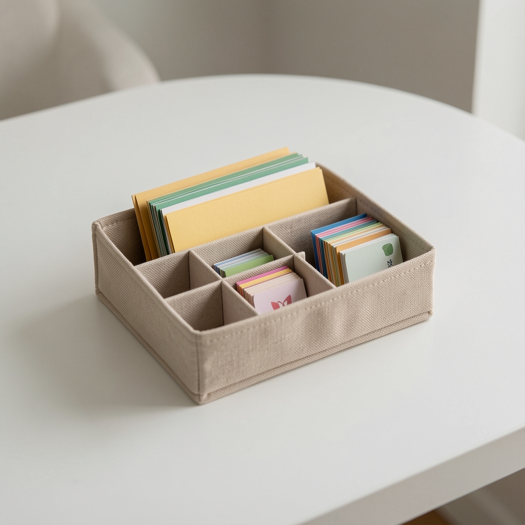 Organizador textil pequeño con divisiones para cartas y fichas sobre una mesa clara