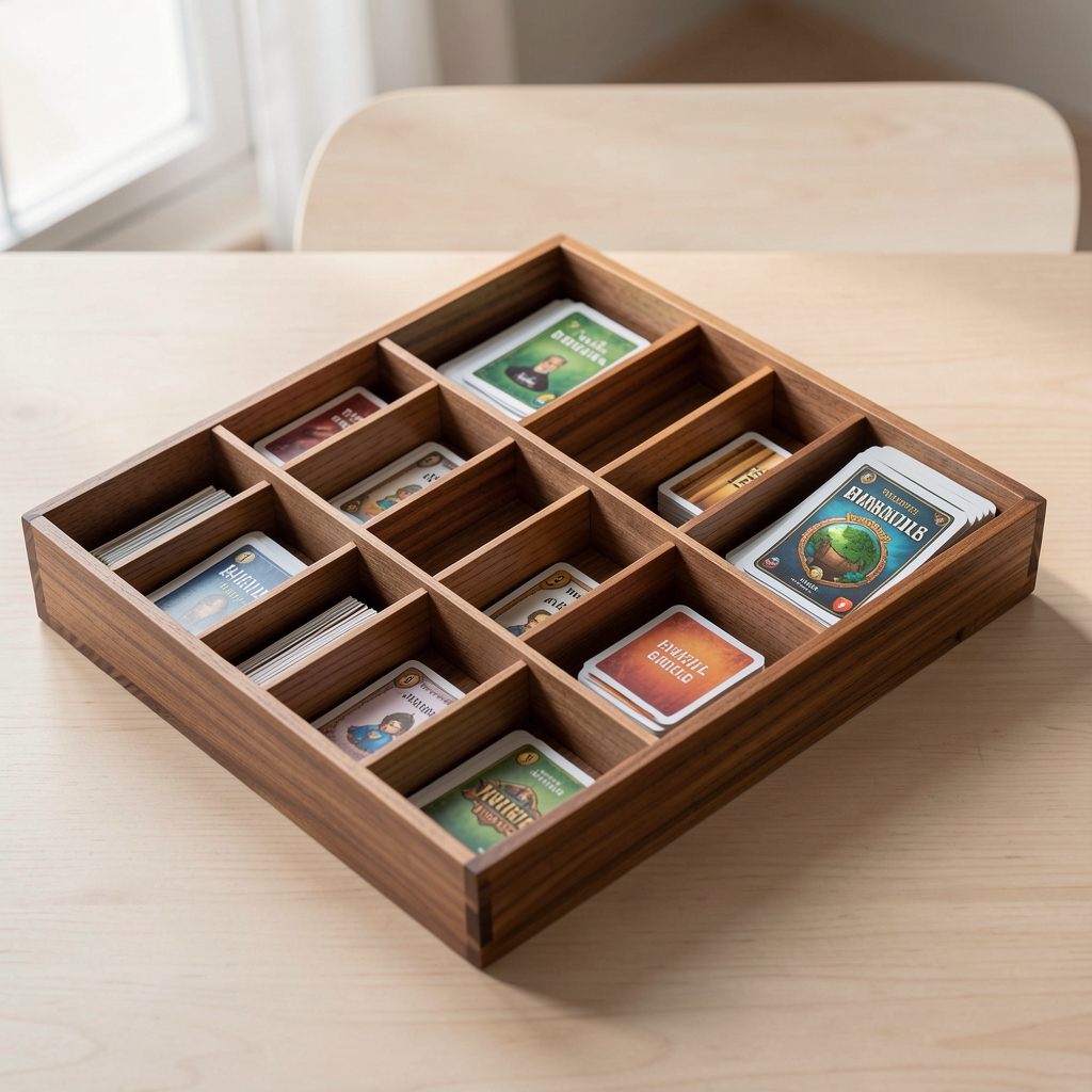 Bandejas de madera con separadores para ordenar fichas y cartas de juegos de mesa