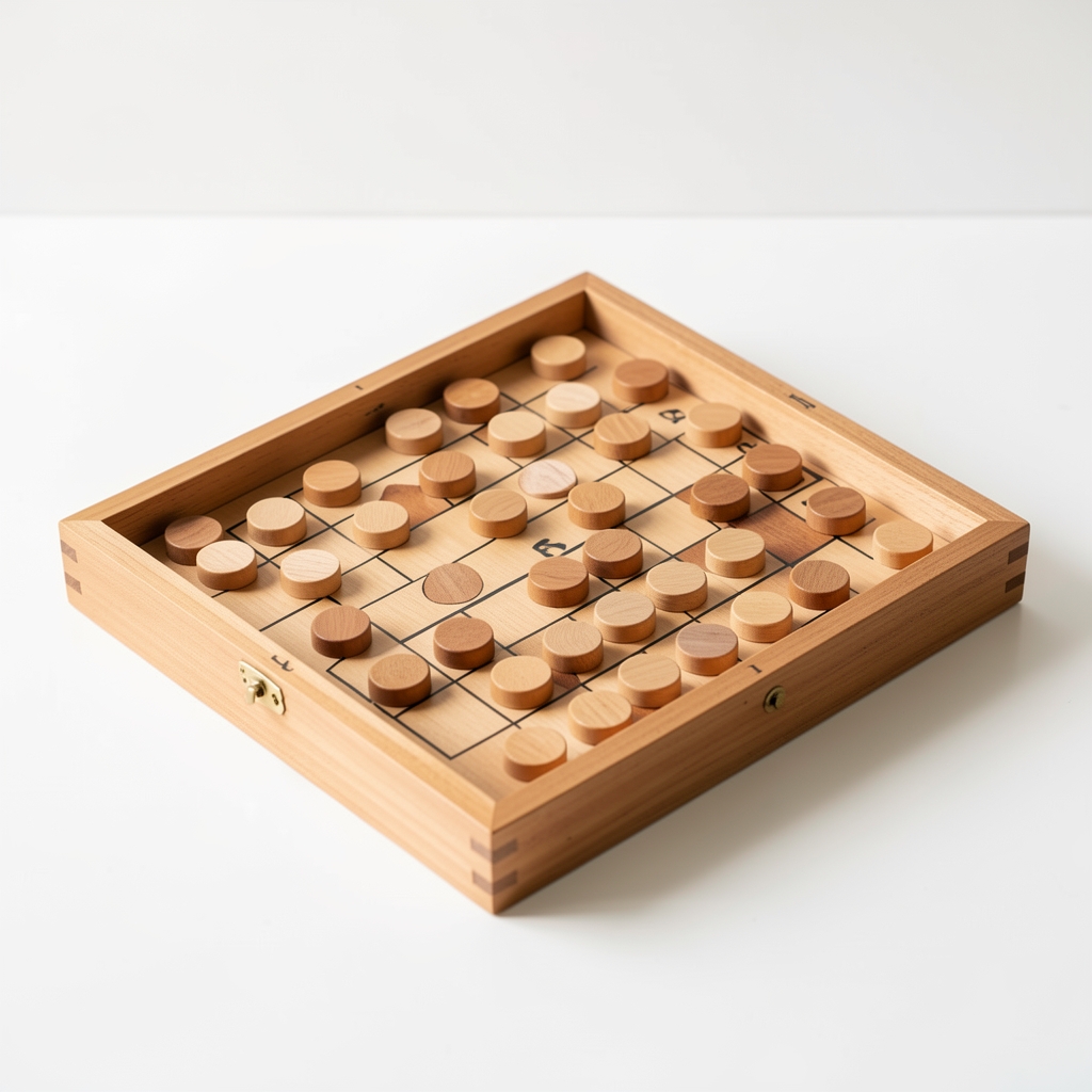 Caja de juego Horizonte Verde con tablero y fichas de madera sobre superficie blanca