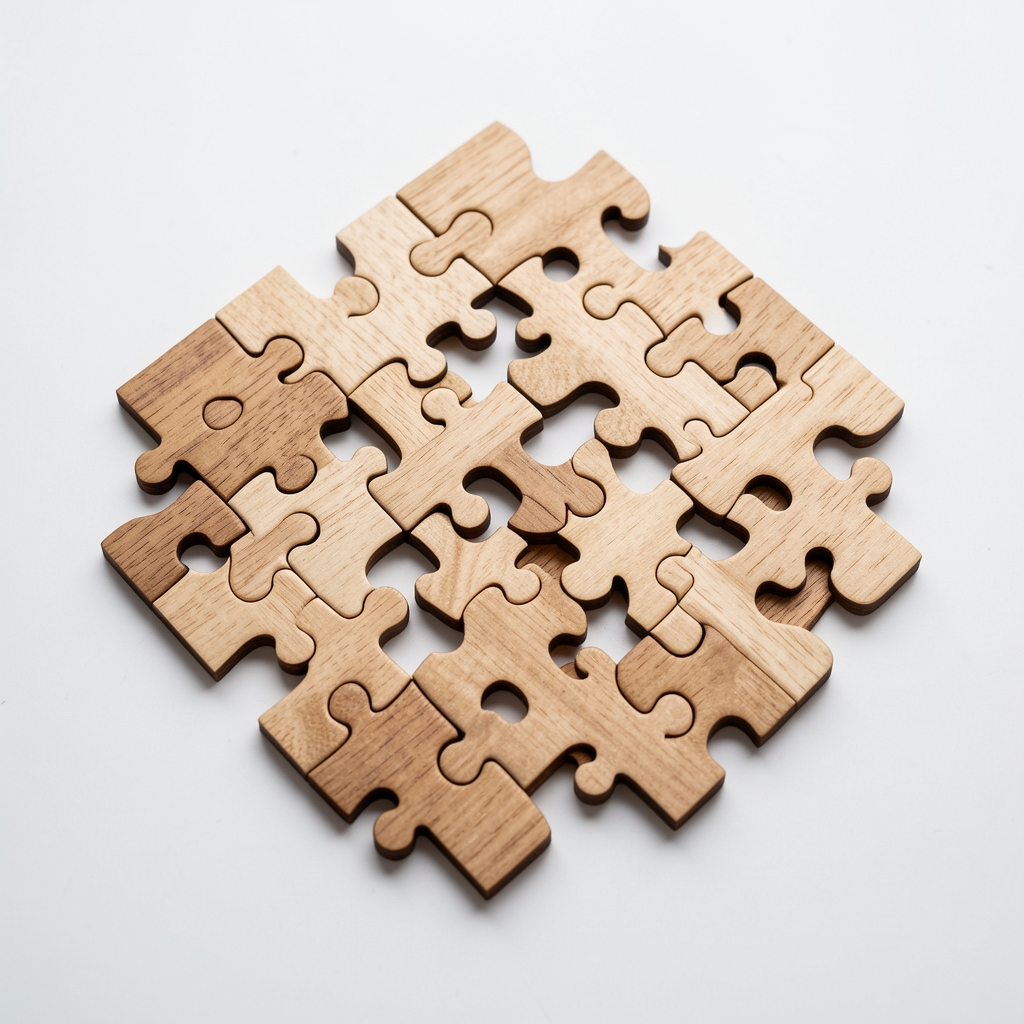 Puzzle de madera formado por piezas entrelazadas sobre una superficie blanca