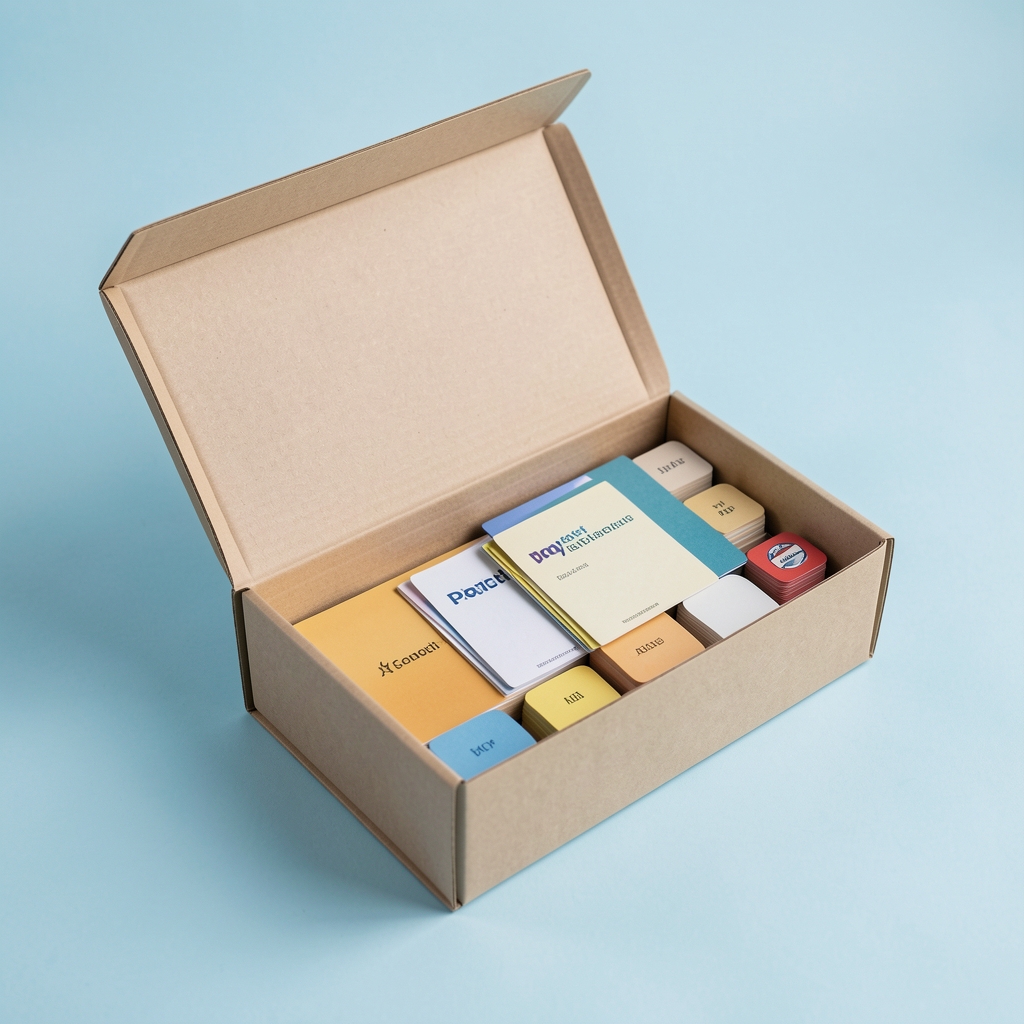 Caja de cartas Ronda Sur con cartas laminadas y fichas sobre fondo azul claro