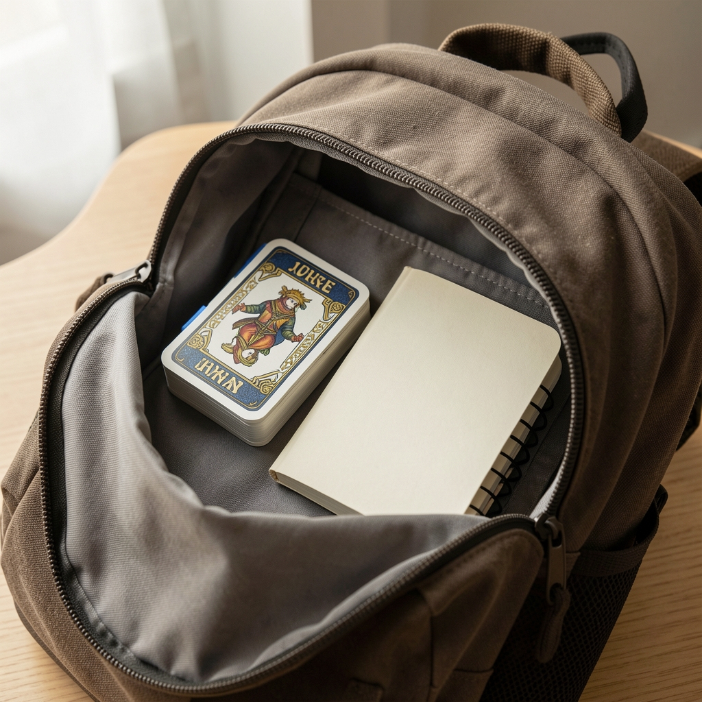 Juego de cartas compacto junto a una libreta dentro de una mochila abierta sin personas
